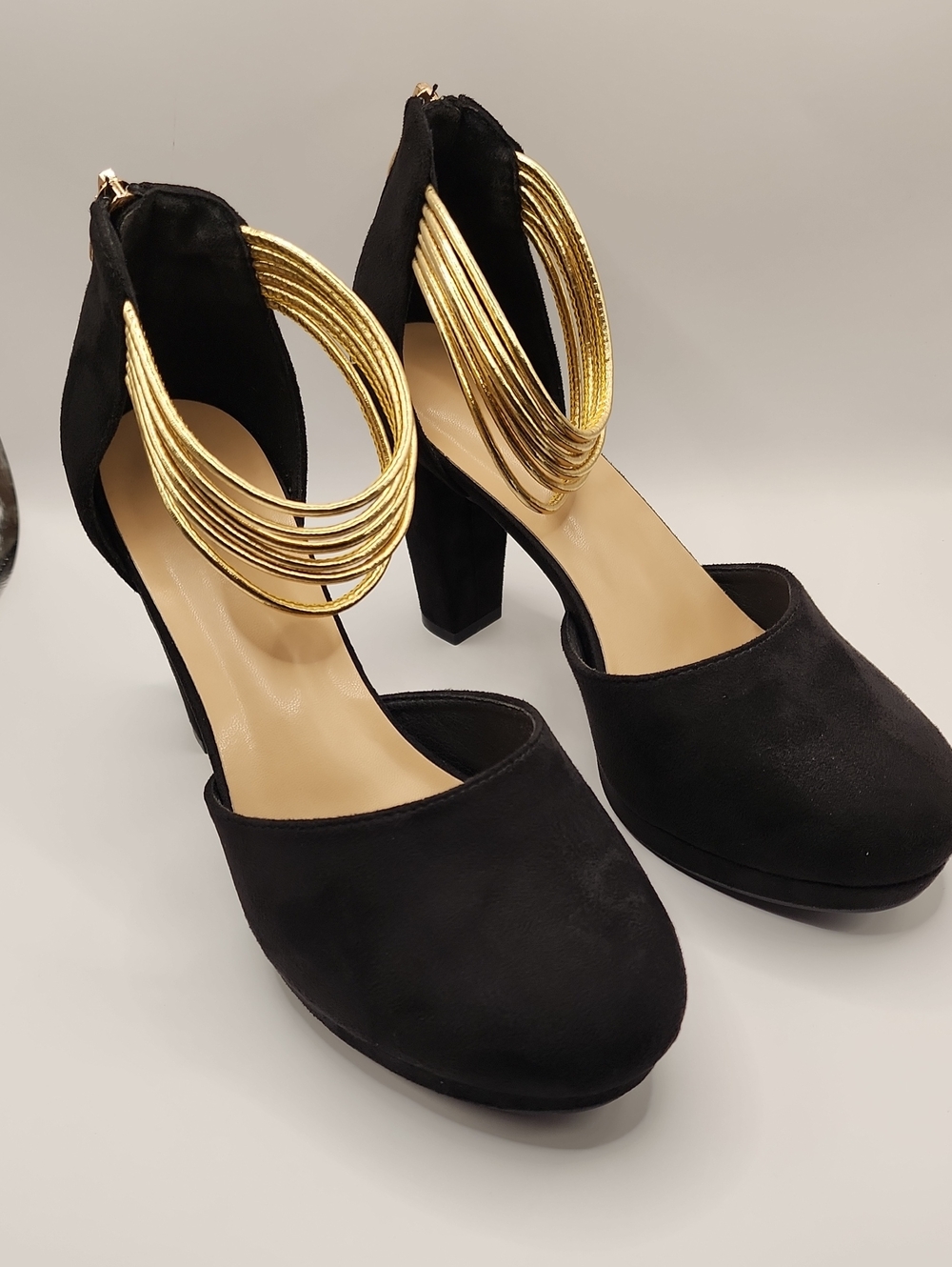 SHEIN Black Platform Heels with Gold Multi-Strand Ankle Cuffs